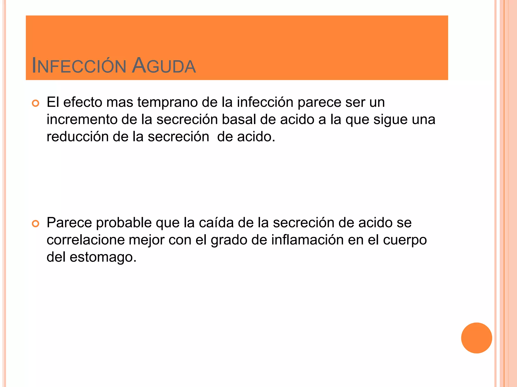 INFECCIÓN AGUDA
 El efecto mas temprano de la infección parece ser un
incremento de la secreción basal de acido a la que sigue una
reducción de la secreción de acido.
 Parece probable que la caída de la secreción de acido se
correlacione mejor con el grado de inflamación en el cuerpo
del estomago.
 