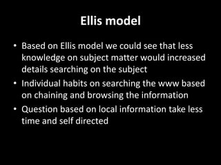 Ellis model
• Based on Ellis model we could see that less
knowledge on subject matter would increased
details searching on the subject
• Individual habits on searching the www based
on chaining and browsing the information
• Question based on local information take less
time and self directed

 