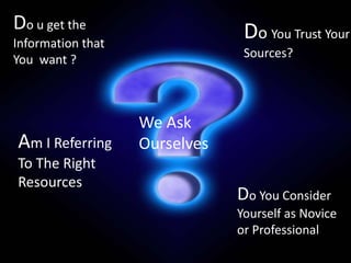 Do u get the

Do You Trust Your

Information that
You want ?

Am I Referring
To The Right
Resources

Sources?

We Ask
Ourselves

Do You Consider
Yourself as Novice
or Professional

 