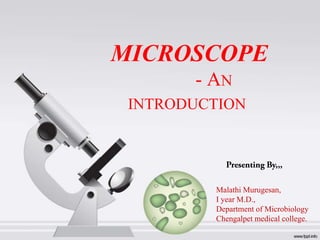 MICROSCOPE
- AN
INTRODUCTION

Malathi Murugesan,
I year M.D.,
Department of Microbiology
Chengalpet medical college.

 