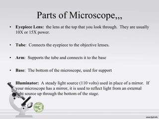 Parts of Microscope,,,
• Eyepiece Lens: the lens at the top that you look through. They are usually
10X or 15X power.

• Tube: Connects the eyepiece to the objective lenses.
• Arm: Supports the tube and connects it to the base
• Base: The bottom of the microscope, used for support
• Illuminator: A steady light source (110 volts) used in place of a mirror. If
your microscope has a mirror, it is used to reflect light from an external
light source up through the bottom of the stage.

 