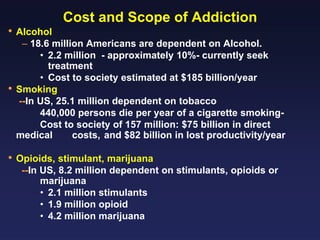 • Alcohol

•

Cost and Scope of Addiction

– 18.6 million Americans are dependent on Alcohol.
• 2.2 million - approximately 10%- currently seek
treatment
• Cost to society estimated at $185 billion/year
Smoking
--In US, 25.1 million dependent on tobacco
440,000 persons die per year of a cigarette smokingCost to society of 157 million: $75 billion in direct
medical
costs, and $82 billion in lost productivity/year

• Opioids, stimulant, marijuana
--In US, 8.2 million dependent on stimulants, opioids or
marijuana
• 2.1 million stimulants
• 1.9 million opioid
• 4.2 million marijuana

 
