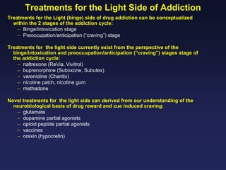 Treatments for the Light Side of Addiction
Treatments for the Light (binge) side of drug addiction can be conceptualized
within the 2 stages of the addiction cycle:
– Binge/Intoxication stage
– Preoccupation/anticipation (“craving”) stage
Treatments for the light side currently exist from the perspective of the
binge/intoxication and preoccupation/anticipation (“craving”) stages stage of
the addiction cycle:
– naltrexone (ReVia, Vivitrol)
– buprenorphine (Suboxone, Subutex)
– varenicline (Chantix)
– nicotine patch, nicotine gum
– methadone
Novel treatments for the light side can derived from our understanding of the
neurobiological basis of drug reward and cue induced craving:
– glutamate
– dopamine partial agonists
– opioid peptide partial agonists
– vaccines
– orexin (hypocretin)

 