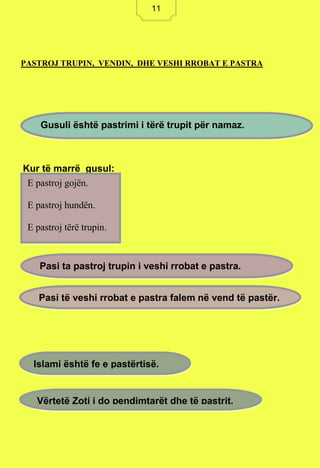 11
PASTROJ TRUPIN, VENDIN, DHE VESHI RROBAT E PASTRA
Kur të marrë gusul:
Gusuli është pastrimi i tërë trupit për namaz.
E pastroj gojën.
E pastroj hundën.
E pastroj tërë trupin.
Pasi ta pastroj trupin i veshi rrobat e pastra.
Pasi të veshi rrobat e pastra falem në vend të pastër.
Islami është fe e pastërtisë.
Vërtetë Zoti i do pendimtarët dhe të pastrit.
11
 
