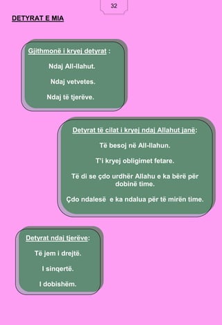 32
DETYRAT E MIA
Gjithmonë i kryej detyrat :
Ndaj All-llahut.
Ndaj vetvetes.
Ndaj të tjerëve.
Detyrat të cilat i kryej ndaj Allahut janë:
Të besoj në All-llahun.
T’i kryej obligimet fetare.
Të di se çdo urdhër Allahu e ka bërë për
dobinë time.
Çdo ndalesë e ka ndalua për të mirën time.
Detyrat ndaj tjerëve:
Të jem i drejtë.
I sinqertë.
I dobishëm.
32
 