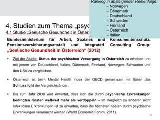 15
Bundesministerium für Arbeit, Soziales und Konsumentenschutz,
Pensionsversicherungsanstalt und Integrated Consulting Group:
„Seelische Gesundheit in Österreich“ (2012)
 Ziel der Studie: Status der psychischen Versorgung in Österreich zu erheben und
mit jenem von Deutschland, Italien, Dänemark, Finnland, Norwegen, Schweden und
den USA zu vergleichen.
 Österreich ist beim Mental Health Index der OECD gemeinsam mit Italien das
Schlusslicht der Vergleichsländer.
 Bis zum Jahr 2030 wird erwartet, dass sich die durch psychische Erkrankungen
bedingten Kosten weltweit mehr als verdoppeln – im Vergleich zu anderen nicht
infektiösen Erkrankungen ist zu erwarten, dass die höchsten Kosten durch psychische
Erkrankungen verursacht werden (World Economic Forum, 2011).
4. Studien zum Thema „psychische Krankheiten―
4.1 Studie „Seelische Gesundheit in Österreich, 2012―
Ranking in absteigender Reihenfolge:
Norwegen
Dänemark
Deutschland
Schweden
Finnland
Österreich
Italien
 