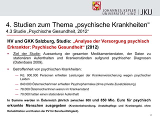 17
HV und GKK Salzburg, Studie: „Analyse der Versorgung psychisch
Erkrankter: Psychische Gesundheit“ (2012)
 Ziel der Studie: Auswertung der gesamten Medikamentendaten, der Daten zu
stationären Aufenthalten und Krankenständen aufgrund psychischer Diagnosen
(Datenbasis 2009).
 Betroffenheit von psychischen Krankheiten:
— Rd. 900.000 Personen erhielten Leistungen der Krankenversicherung wegen psychischer
Leiden
— 840.000 ÖsterreicherInnen erhielten Psychopharmaka (ohne private Zusatzleistung)
— 78.000 ÖsterreicherInnen waren im Krankenstand
— 70.000 hatten einen stationären Aufenthalt
In Summe werden in Österreich jährlich zwischen 800 und 850 Mio. Euro für psychisch
erkrankte Menschen ausgegeben (Krankenbehandlung, Anstaltspflege und Krankengeld, ohne
Rehabilitation und Kosten der PV für Berufsunfähigkeit).
4. Studien zum Thema „psychische Krankheiten―
4.3 Studie „Psychische Gesundheit, 2012―
 