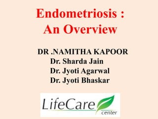 Endometriosis :
An Overview
DR .NAMITHA KAPOOR
Dr. Sharda Jain
Dr. Jyoti Agarwal
Dr. Jyoti Bhaskar
 
