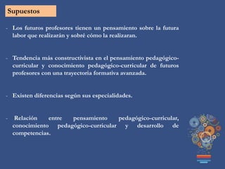 - Los futuros profesores tienen un pensamiento sobre la futura
labor que realizarán y sobré cómo la realizaran.
- Tendencia más constructivista en el pensamiento pedagógico-
curricular y conocimiento pedagógico-curricular de futuros
profesores con una trayectoria formativa avanzada.
- Existen diferencias según sus especialidades.
- Relación entre pensamiento pedagógico-curricular,
conocimiento pedagógico-curricular y desarrollo de
competencias.
Supuestos
 