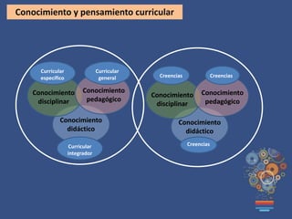 Conocimiento y pensamiento curricular
Conocimiento
didáctico
Conocimiento
pedagógico
Conocimiento
disciplinar
Curricular
general
Curricular
específico
Curricular
integrador
Conocimiento
didáctico
Conocimiento
pedagógico
Conocimiento
disciplinar
CreenciasCreencias
Creencias
 