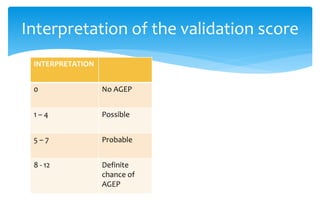 INTERPRETATION
0 No AGEP
1 – 4 Possible
5 – 7 Probable
8 - 12 Definite
chance of
AGEP
Interpretation of the validation score
 