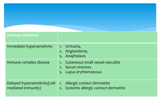 Immune mediated
Immediate hypersensitivity 1. Urticaria,
2. Angioedema,
3. Anaphylaxis
Immune complex disease 1. Cutaneous small vessel vasculitis
2. Serum sickness
3. Lupus erythematosus
Delayed hypersensitivity(cell-
mediated immunity)
1. Allergic contact dermatitis
2. Systemic allergic contact dermatitis
 