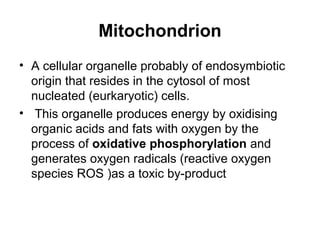 Mitochondrion 
• A cellular organelle probably of endosymbiotic 
origin that resides in the cytosol of most 
nucleated (eurkaryotic) cells. 
• This organelle produces energy by oxidising 
organic acids and fats with oxygen by the 
process of oxidative phosphorylation and 
generates oxygen radicals (reactive oxygen 
species ROS )as a toxic by-product 
 