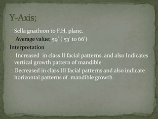 Sella gnathion to F.H. plane. 
Average value; 59’ ( 53’ to 66’) 
Interpretation 
Increased in class II facial patterns. and also Indicates 
vertical growth pattern of mandible 
Decreased in class III facial patterns and also indicate 
horizontal patterns of mandible growth 
 