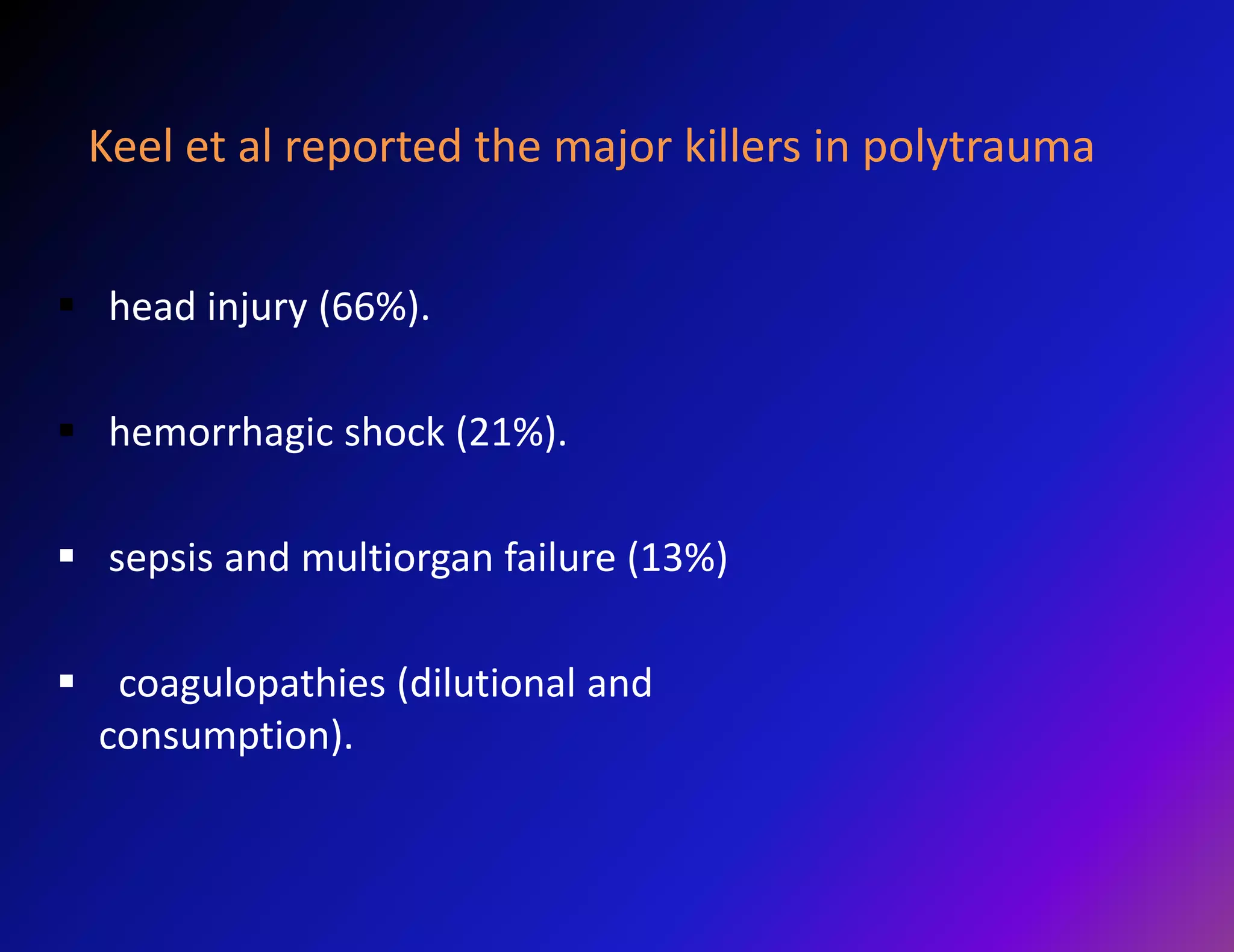 Keel et al reported the major killers in polytrauma 
 head injury (66%). 
 hemorrhagic shock (21%). 
 sepsis and multiorgan failure (13%) 
 coagulopathies (dilutional and 
consumption). 
 