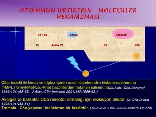 OTOİMMÜN ÜRTİKERİN MOLEKÜLER 
CC55aa 
MEKANİZMASI 
CC33 CC33bb 
CC44 ++ CC22 CC44bb22aa CC44bb22aa33bb 
CC11 AAkkttiivvee CC11 CC55 CC55bb 
C5a 
C5a, bazofil ile kimaz ve triptaz içeren mast hücrelerinden histamin salınımına; 
f-MPL (formyl-Met-Leu-Phe) bazofillerden histamin salınımına;(J.Aller. Clin.Immunol 
1999;104;169-62., J.Aller. Clin.Immunol 2001;107;1056-62 ) 
Akciğer ve barsakta C5a reseptör olmadığı için reaksiyon olmaz. (J. Clin.Invest 
1998;101;243-51) 
Trombin C5a yapımını indükleyen bir faktördür. (Toubi et al. J Clin Immuno 2000;20:371-378) 
 