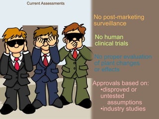 Current Assessments
No post-marketing
surveillance
No human
clinical trials
No proper evaluation
of plant changes
or effects
Approvals based on:
•disproved or
untested
assumptions
•industry studies