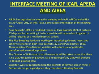 INTERFACE MEETING OF ICAR, APEDA 
AND AIREA 
• AIREA has organized an interactive meeting with IARI, APEDA and AIREA 
on 23rd April, 2012 at IARI, Pusa. Some salient information of the meeting 
are:- 
• Pusa Basmati 1509 is a modified version of Pusa Basmati 1121. It matures 
25 days earlier permitting it to be sown late will require less irrigation. It 
will be released as a notified Basmati variety. 
• The Rice Breeding Section is working on introducing disease, insect and 
salinity resistance in both Pusa basmati 1121 and Pusa Basmati 1509. 
These resistant Pusa Basmati varieties will reduce use of pesticides, 
therefore reduce residue problem. 
• The Director of IARI stated that all measures will be taken to see that there 
is no GMO research on Basmati. Also no testing of any GMO will be done 
in Basmati growing area. 
• Exporters were requested to keep the interests of farmers also in mind. If 
farmers do not get a good price, they may stop cultivating Basmati. 
 