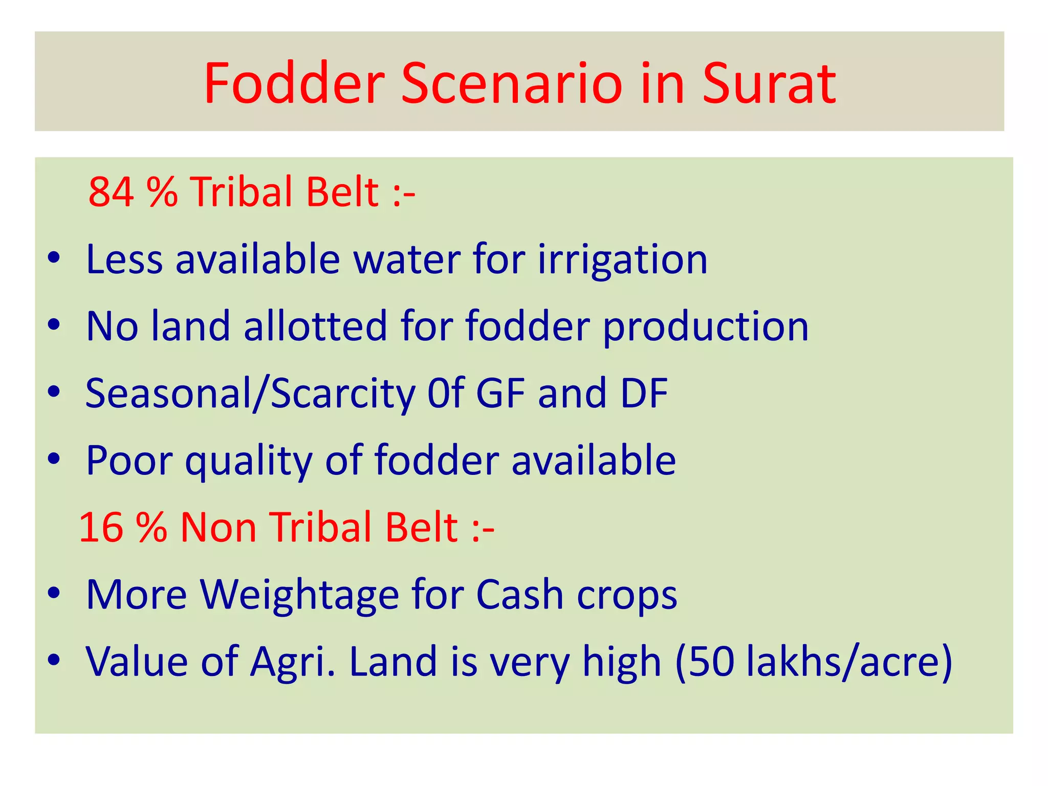 Fodder Scenario in Surat 
84 % Tribal Belt :- 
• Less available water for irrigation 
• No land allotted for fodder production 
• Seasonal/Scarcity 0f GF and DF 
• Poor quality of fodder available 
16 % Non Tribal Belt :- 
• More Weightage for Cash crops 
• Value of Agri. Land is very high (50 lakhs/acre) 
 