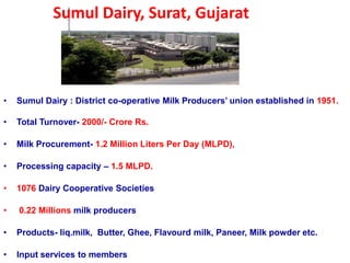 Sumul Dairy, Surat, Gujarat 
• Sumul Dairy : District co-operative Milk Producers’ union established in 1951. 
• Total Turnover- 2000/- Crore Rs. 
• Milk Procurement- 1.2 Million Liters Per Day (MLPD), 
• Processing capacity – 1.5 MLPD. 
• 1076 Dairy Cooperative Societies 
• 0.22 Millions milk producers 
• Products- liq.milk, Butter, Ghee, Flavourd milk, Paneer, Milk powder etc. 
• Input services to members 
 