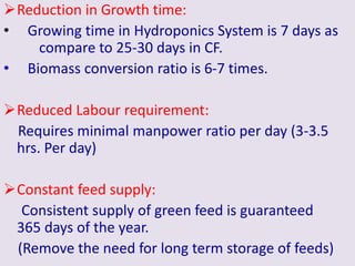 Reduction in Growth time: 
• Growing time in Hydroponics System is 7 days as 
compare to 25-30 days in CF. 
• Biomass conversion ratio is 6-7 times. 
Reduced Labour requirement: 
Requires minimal manpower ratio per day (3-3.5 
hrs. Per day) 
Constant feed supply: 
Consistent supply of green feed is guaranteed 
365 days of the year. 
(Remove the need for long term storage of feeds) 
 