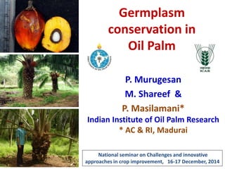 Germplasm
conservation in
Oil Palm
P. Murugesan
M. Shareef &
P. Masilamani*
Indian Institute of Oil Palm Research
* AC & RI, Madurai
National seminar on Challenges and innovative
approaches in crop improvement, 16-17 December, 2014
 