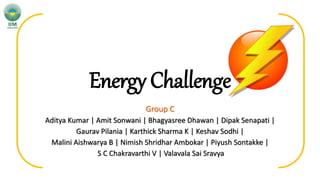 Energy Challenge
Group C
Aditya Kumar | Amit Sonwani | Bhagyasree Dhawan | Dipak Senapati |
Gaurav Pilania | Karthick Sharma K | Keshav Sodhi |
Malini Aishwarya B | Nimish Shridhar Ambokar | Piyush Sontakke |
S C Chakravarthi V | Valavala Sai Sravya
 