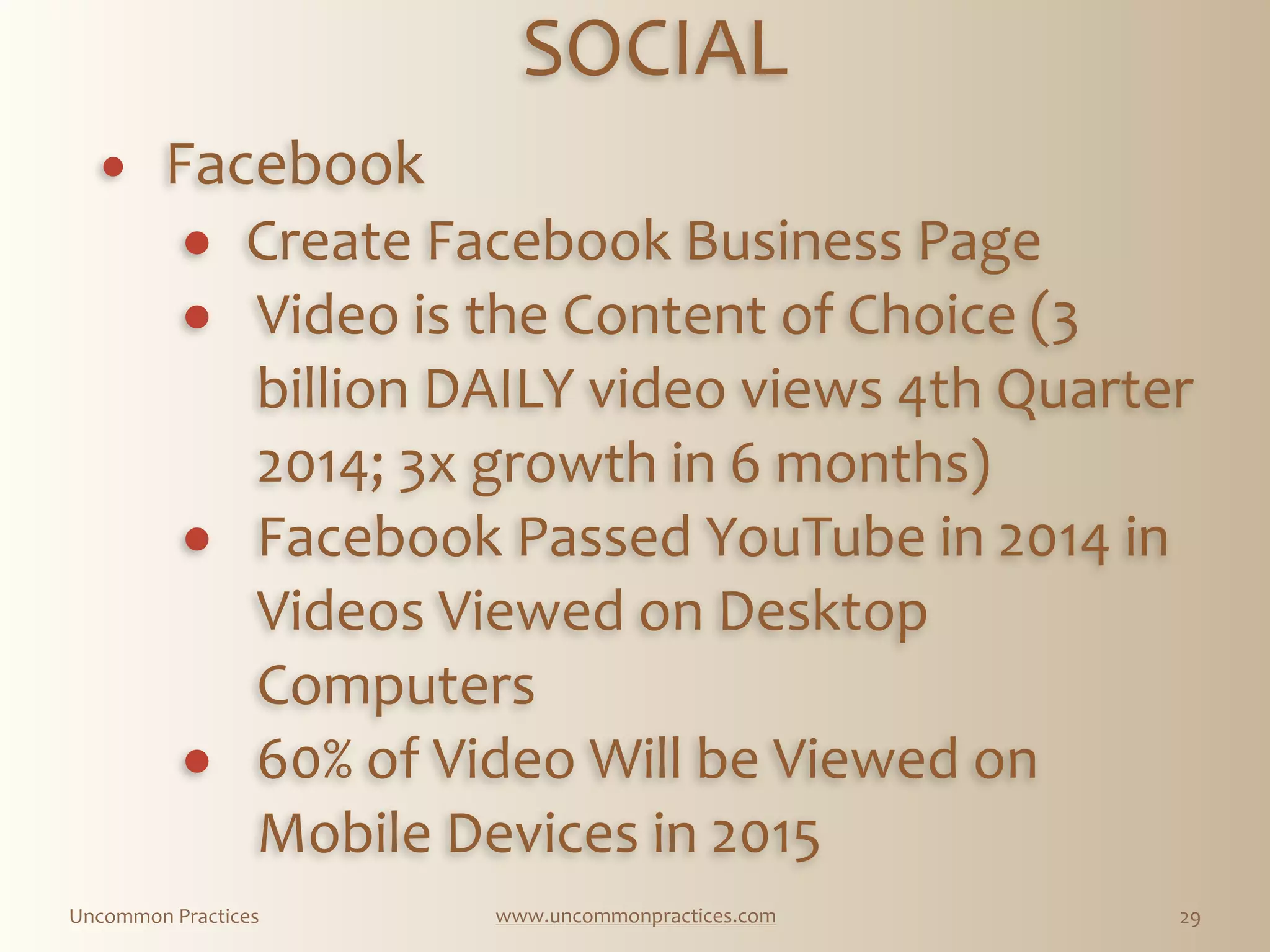 Uncommon  Practices www.uncommonpractices.com 29
SOCIAL 
            
! Facebook  
! Create  Facebook  Business  Page  
! Video  is  the  Content  of  Choice  (3  
billion  DAILY  video  views  4th  Quarter  
2014;  3x  growth  in  6  months)  
! Facebook  Passed  YouTube  in  2014  in  
Videos  Viewed  on  Desktop  
Computers  
! 60%  of  Video  Will  be  Viewed  on  
Mobile  Devices  in  2015
 