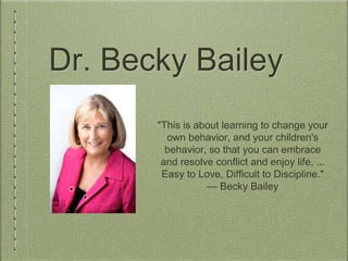 Dr. Becky Bailey
"This is about learning to change your
own behavior, and your children's
behavior, so that you can embrace
and resolve conflict and enjoy life, ...
Easy to Love, Difficult to Discipline."
— Becky Bailey
 