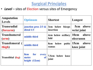 Surgical Principles
• Level – sites of Election versus sites of Emergency
Amputation
Levels
Optimum Shortest Longest
Transradial
(forearm)
junction prox 2/3 &
distal 1/3
3cm below biceps
insertion
5cm above
wrist joint
Transhumeral
(arm)
middle third
4cm below axillary
fold
10cm above
olecranon
Transfemoral (
thigh)
middle third
8cm below pubic
ramus
15cm above
knee joint
Transtibial (leg)
8cm for every
metre of
height (12cm)
7.5cm below knee
joint
 