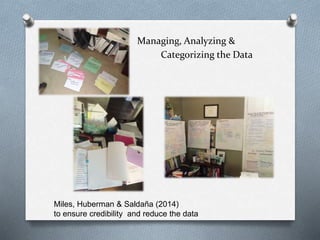 Managing, Analyzing &
Categorizing the Data
Miles, Huberman & Saldaña (2014)
to ensure credibility and reduce the data
 