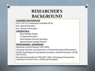 RESEARCHER’S
BACKGROUND
ACADEMIC BACKGROUND
Ed.D. Pre K-12 Leadership Candidate (2014)
M.A. Special Education
B.A. German & Education
CREDENTIALS
Ryan Multiple Subject
LH Special Education
Administrative Services (pending)
National Board Certified Teacher
PROFESSIONAL EXPERIENCE
Elementary School Teacher (1991-2003)
University Instructor /and Supervisor in Teacher Education (2003-present)
SPORT East-Regional Educational Consultant, Suicide Prevention LACOE
(2013-2015)
Educational Consultant for PROJECT TEAL-Technology Enhanced Arts
Learning in Common Core LACOE (2015-present)
 
