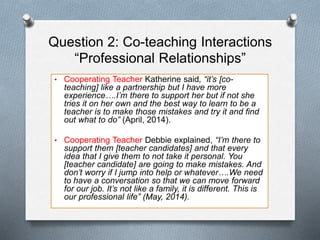 Question 2: Co-teaching Interactions
“Professional Relationships”
• Cooperating Teacher Katherine said, “it’s [co-
teaching] like a partnership but I have more
experience….I’m there to support her but if not she
tries it on her own and the best way to learn to be a
teacher is to make those mistakes and try it and find
out what to do” (April, 2014).
• Cooperating Teacher Debbie explained, “I’m there to
support them [teacher candidates] and that every
idea that I give them to not take it personal. You
[teacher candidate] are going to make mistakes. And
don’t worry if I jump into help or whatever….We need
to have a conversation so that we can move forward
for our job. It’s not like a family, it is different. This is
our professional life” (May, 2014).
 