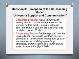 Question 3: Perception of the Co-Teaching
Model
“University Support and Communication”
• Cooperating Teacher Kaley “faculty sent
weekly emails …this is what you should be
working on this week. Here are videos to
see…go with it, if you are not sure what was
modeled…(April, 2014)”
• Cooperating Teacher Debbie reported that the
university sent her emails to inform her, for
example, “of this new link that we can go to if
we need to see models [co-teaching
strategies] and they gave us a folder with all
sorts of information.(April, 2014)
 