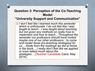 Question 3: Perception of the Co-Teaching
Model
“University Support and Communication”
O I don’t feel like I learned much this semester
which is unfortunate. I do not feel like I was
taught to teach…I was taught about teaching
but not given any methods on really how to
implement and how to teach…Throughout the
semester our professors should have invited
maybe one of our other professors…to come
and model these [co-teaching strategies] for
us….Aside from the readings we did at home
in the book….I really don’t feel like we applied
or even talked much about the
strategies….(Teacher Candidate Carol, May
2014).
 