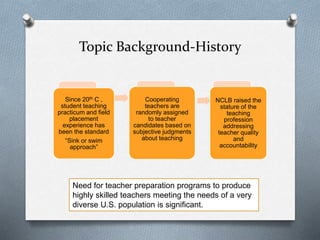 Topic Background-History
Since 20th C ,
student teaching
practicum and field
placement
experience has
been the standard
“Sink or swim
approach”
Cooperating
teachers are
randomly assigned
to teacher
candidates based on
subjective judgments
about teaching
NCLB raised the
stature of the
teaching
profession
addressing
teacher quality
and
accountability
Need for teacher preparation programs to produce
highly skilled teachers meeting the needs of a very
diverse U.S. population is significant.
 