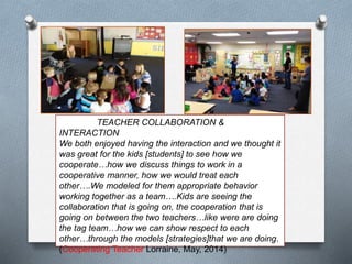 TEACHER COLLABORATION &
INTERACTION
We both enjoyed having the interaction and we thought it
was great for the kids [students] to see how we
cooperate…how we discuss things to work in a
cooperative manner, how we would treat each
other….We modeled for them appropriate behavior
working together as a team….Kids are seeing the
collaboration that is going on, the cooperation that is
going on between the two teachers…like were are doing
the tag team…how we can show respect to each
other…through the models [strategies]that we are doing.
(Cooperating Teacher Lorraine, May, 2014)
 
