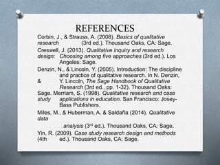 REFERENCES
Corbin, J., & Strauss, A. (2008). Basics of qualitative
research (3rd ed.). Thousand Oaks, CA: Sage.
Creswell, J. (2013). Qualitative inquiry and research
design: Choosing among five approaches (3rd ed.). Los
Angeles: Sage.
Denzin, N., & Lincoln, Y. (2005). Introduction: The discipline
and practice of qualitative research. In N. Denzin,
& Y. Lincoln, The Sage Handbook of Qualitative
Research (3rd ed., pp. 1-32). Thousand Oaks:
Sage. Merriam, S. (1998). Qualitative research and case
study applications in education. San Francisco: Josey-
Bass Publishers.
Miles, M., & Huberman, A. & Saldaña (2014). Qualitative
data
analysis (3rd ed.). Thousand Oaks, CA: Sage.
Yin, R. (2009). Case study research design and methods
(4th ed.). Thousand Oaks, CA: Sage.
 