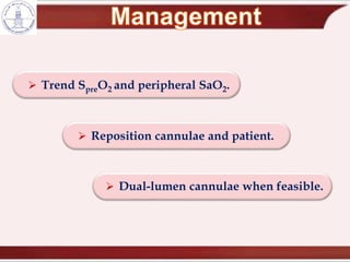  Trend SpreO2 and peripheral SaO2.
 Reposition cannulae and patient.
 Dual-lumen cannulae when feasible.
 