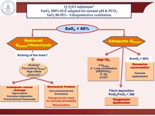 Q 3+0.5 ml/min/m2
FmO2 100%-SGF adapted for normal pH & PCO2
SaO2 88-92% - Ultraprotective ventilation
Reduced
QECMO+Hemolysis
Adaquate QECMO
SaO2 < 88%
SvmO2 > 60%
Excessive
recirculation
Cannula
replacement
Fibrin deposition
PmO2/FmO2 < 300
Oxygenator
dysfunction
High VO2
 QECMO
 Lung contribution
(PEEP/FiO2)
 Hb
 CO?
Kicking?
Fluctuating QECMO?
High inflow
pressure?
Kicking of the lines?
Mechanical Problem
Cannulas/membrane
thrombosis
Change circuit+ check
for cannulas permeability
Recannulation
Inadequate venous
drainage
Hypovolemia
Cannulas malposition
Pneumothorax/Tamponade
 