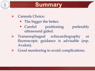 Cannula Choice:
 The bigger the better.
 Careful positioning preferably
ultrasound gided.
 Transesophageal echocardiography or
fluoroscopic guidance is advisable (esp.
Avalon).
 Good monitoring to avoid complications.
 