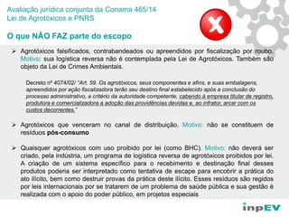  Agrotóxicos falsificados, contrabandeados ou apreendidos por fiscalização por roubo.
Motivo: sua logística reversa não é contemplada pela Lei de Agrotóxicos. Também são
objeto da Lei de Crimes Ambientais.
Decreto nº 4074/02/ “Art. 59. Os agrotóxicos, seus componentes e afins, e suas embalagens,
apreendidos por ação fiscalizadora terão seu destino final estabelecido após a conclusão do
processo administrativo, a critério da autoridade competente, cabendo à empresa titular de registro,
produtora e comercializadora a adoção das providências devidas e, ao infrator, arcar com os
custos decorrentes.”
 Agrotóxicos que venceram no canal de distribuição. Motivo: não se constituem de
resíduos pós-consumo
 Quaisquer agrotóxicos com uso proibido por lei (como BHC). Motivo: não deverá ser
criado, pela indústria, um programa de logística reversa de agrotóxicos proibidos por lei.
A criação de um sistema específico para o recebimento e destinação final desses
produtos poderia ser interpretado como tentativa de escape para encobrir a prática do
ato ilícito, bem como destruir provas da prática deste ilícito. Esses resíduos são regidos
por leis internacionais por se tratarem de um problema de saúde pública e sua gestão é
realizada com o apoio do poder público, em projetos especiais
Avaliação jurídica conjunta da Conama 465/14
Lei de Agrotóxicos e PNRS
O que NÃO FAZ parte do escopo
 
