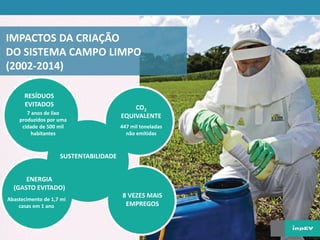 IMPACTOS DA CRIAÇÃO
DO SISTEMA CAMPO LIMPO
(2002-2014)
CO2
EQUIVALENTE
ENERGIA
(GASTO EVITADO)
RESÍDUOS
EVITADOS
8 VEZES MAIS
EMPREGOS
447 mil toneladas
não emitidas
7 anos de lixo
produzidos por uma
cidade de 500 mil
habitantes
Abastecimento de 1,7 mi
casas em 1 ano
SUSTENTABILIDADE
 