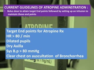 CURRENT GUIDELINES OF ATROPINE ADMINSTRATION :
• Bolus dose to attain target End points followed by setting up an infusion to
maintain these end points
Target End points for Atropine Rx
HR > 80 / min
Dilated pupils
Dry Axilla
Sys B.p > 80 mmHg
Clear chest on auscultation of Bronchorrhea
 