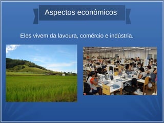 Aspectos econômicos
Eles vivem da lavoura, comércio e indústria.
 