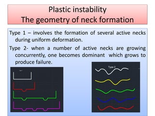 Plastic instability
The geometry of neck formation
Type 1 – involves the formation of several active necks
during uniform deformation.
Type 2- when a number of active necks are growing
concurrently, one becomes dominant which grows to
produce failure.
 