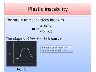 Plastic instability
The strain rate sensitivity index m
The slope of curve
The variation of strain rate
sensitivity index with
 