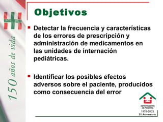 1978-2003
25 Aniversario
Objetivos
 Detectar la frecuencia y características
de los errores de prescripción y
administración de medicamentos en
las unidades de internación
pediátricas.
 Identificar los posibles efectos
adversos sobre el paciente, producidos
como consecuencia del error
 