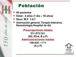 1978-2003
25 Aniversario
Población
 95 pacientes
 Edad : 4 años (1 día – 18 años)
 Sexo: M:F 1:0.7
 Internación general, Terapia Intensiva,
Neonatología,Hospital de día
Prescripciones totales
311-273:584
(R2, R3-4, B y P)
Administraciones totales
739-435: 1174
(A y P)
 