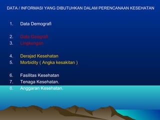 1. Data Demografi
2. Data Geografi
3. Lingkungan
4. Derajad Kesehatan
5. Morbidity ( Angka kesakitan )
6. Fasilitas Kesehatan
7. Tenaga Kesehatan.
8. Anggaran Kesehatan.
DATA / INFORMASI YANG DIBUTUHKAN DALAM PERENCANAAN KESEHATAN
 